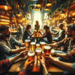 DALL·E 2023-12-23 12.52.57 - A photo that tells a story in beer photography. The scene depicts a cozy pub setting, with a focus on a table where a group of friends are enjoying a .png